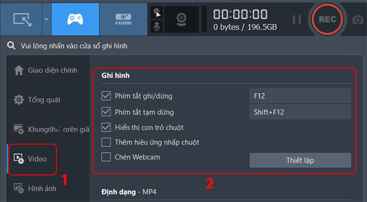 Thiết lập các phím tắt chương trình trong tab Video.