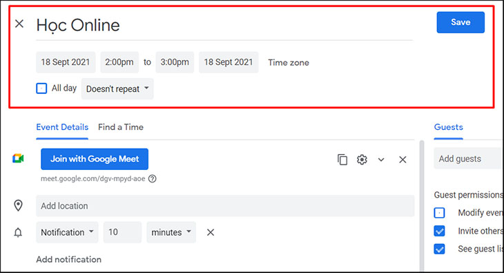Đặt tên và chọn khoảng thời gian diễn ra lớp học, họp online