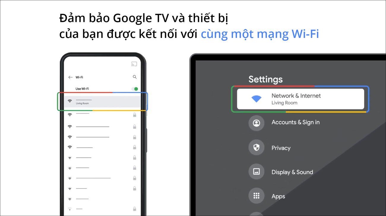  Đảm bảo Google TV và thiết bị của bạn được kết nối với cùng một mạng Wi-Fi